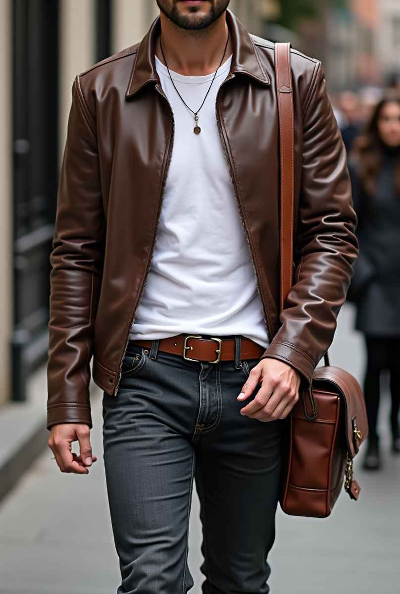 A casually dressed man (e.g., dark jeans, a simple shirt or T-shirt with a jacket) enters the scene, using the leather belt and bag.